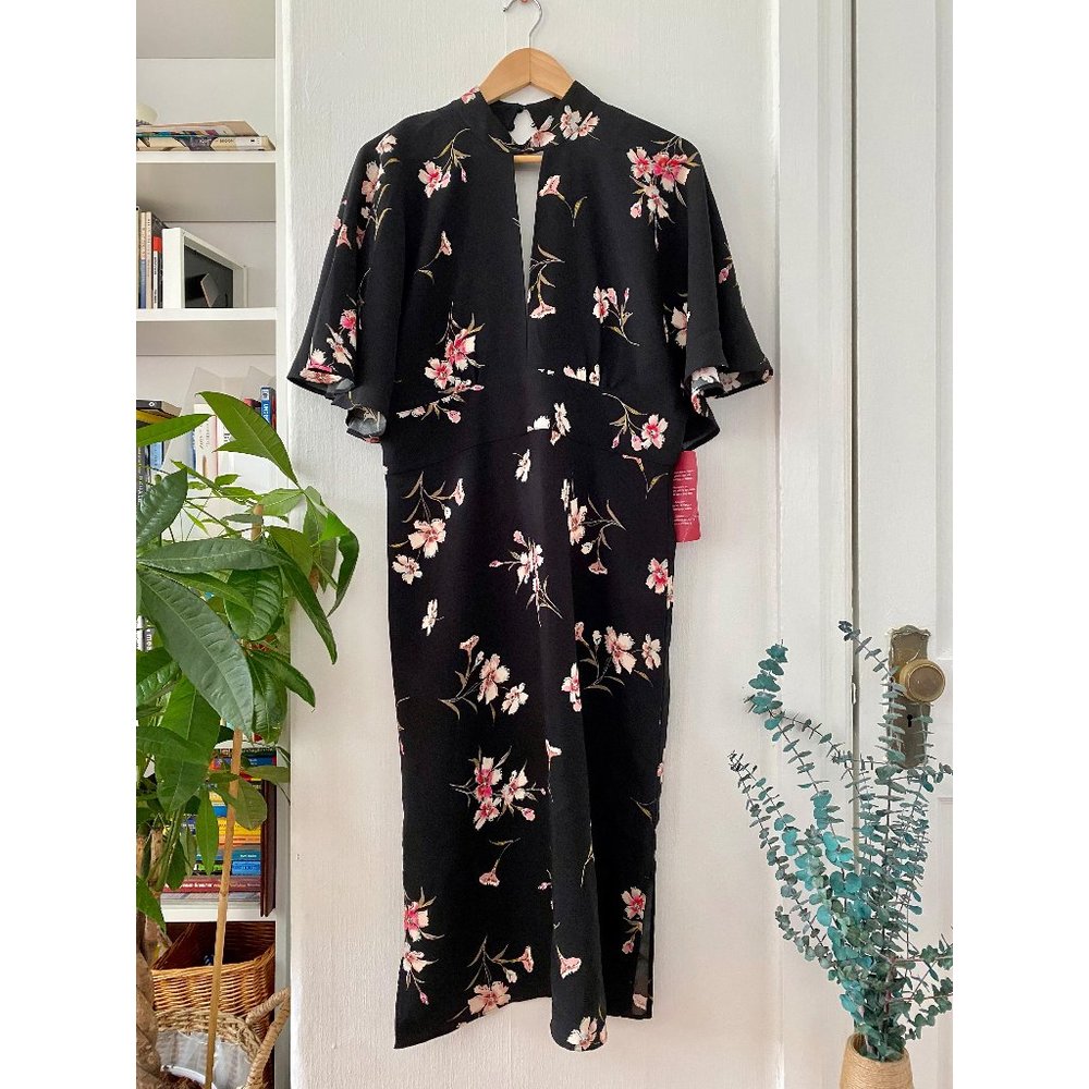 NWT Truth and Fable Deep V Black Midi Dress Floral Print